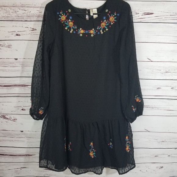 Band of Gypsies Dresses & Skirts - Japna Floral Embroidered Black Mesh Sleeve Dress